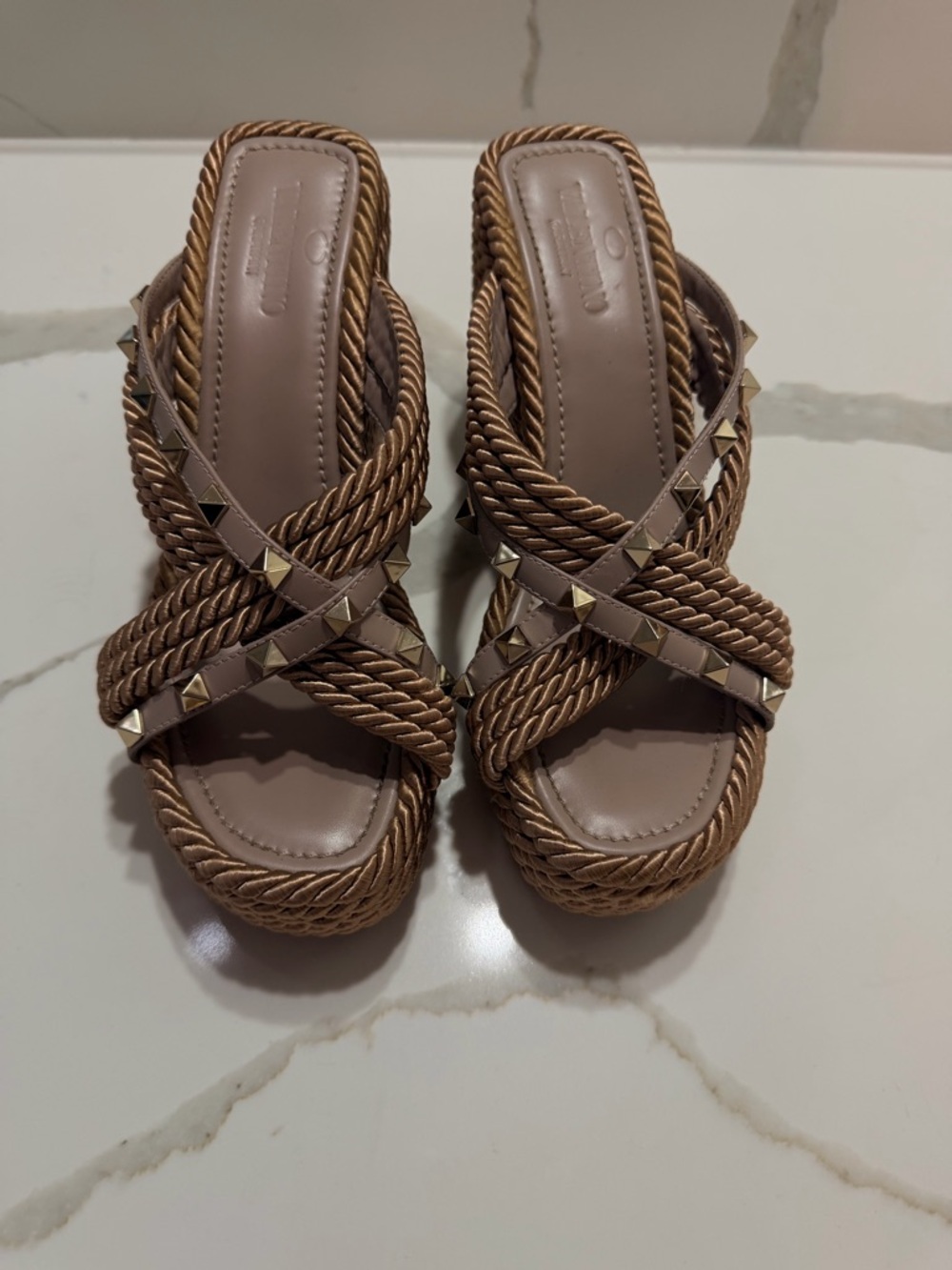 Valentino Rockstud Espadrille Wedges Blush Nude Rope Heel Sandals